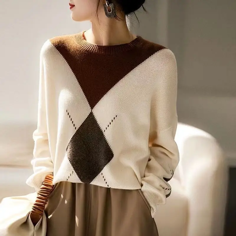 Woman\'s Sweaters Autumn Winter New Sytle Long Sleeve Casual Coats Female Pullover O-Neck Patchwork 100% Wool Knitted Tops Jumper