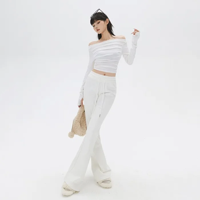 Women Flared Pants Slim Fit Sport Drawstring Mid Waist Straight Trousers Solid Y2k Streetwear Work Casual Lace Up Autumn 2026