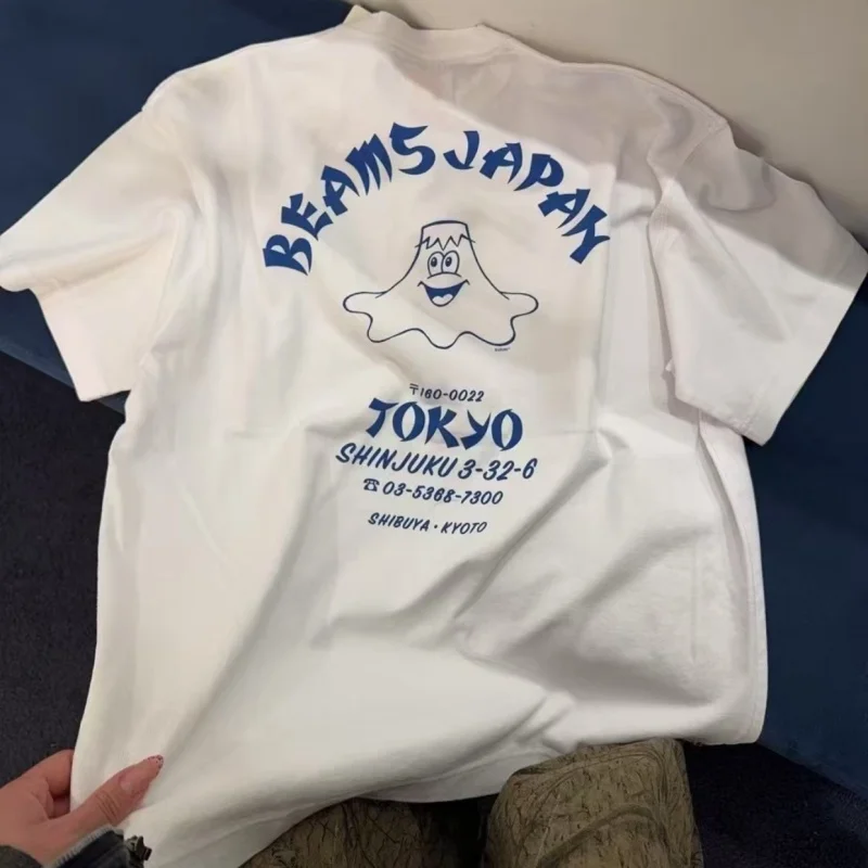 Summer Street High Quality Cotton Beams Tshirts Cartoon Snow Mountain Letter Print Tops Weaving Red Rope Men Women Short Sleeve