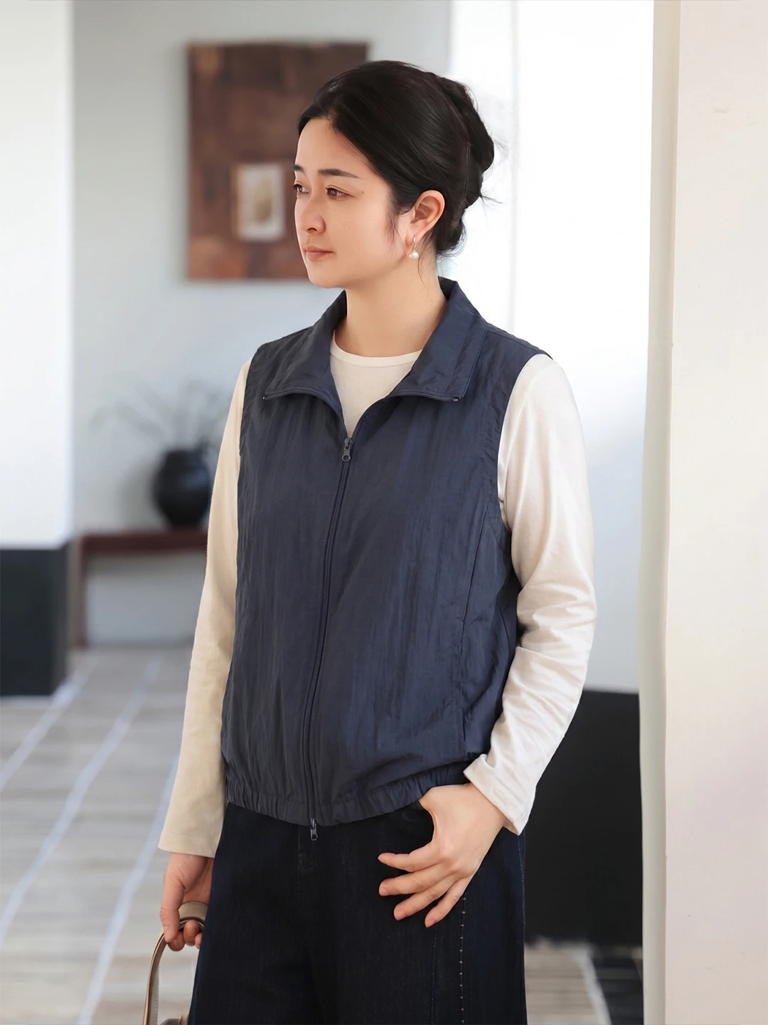 

Женская легкая спортивная безрукавка Mashang с воротником, весенняя модная куртка из чистого хлопка на молнии, с эффектом омоложения