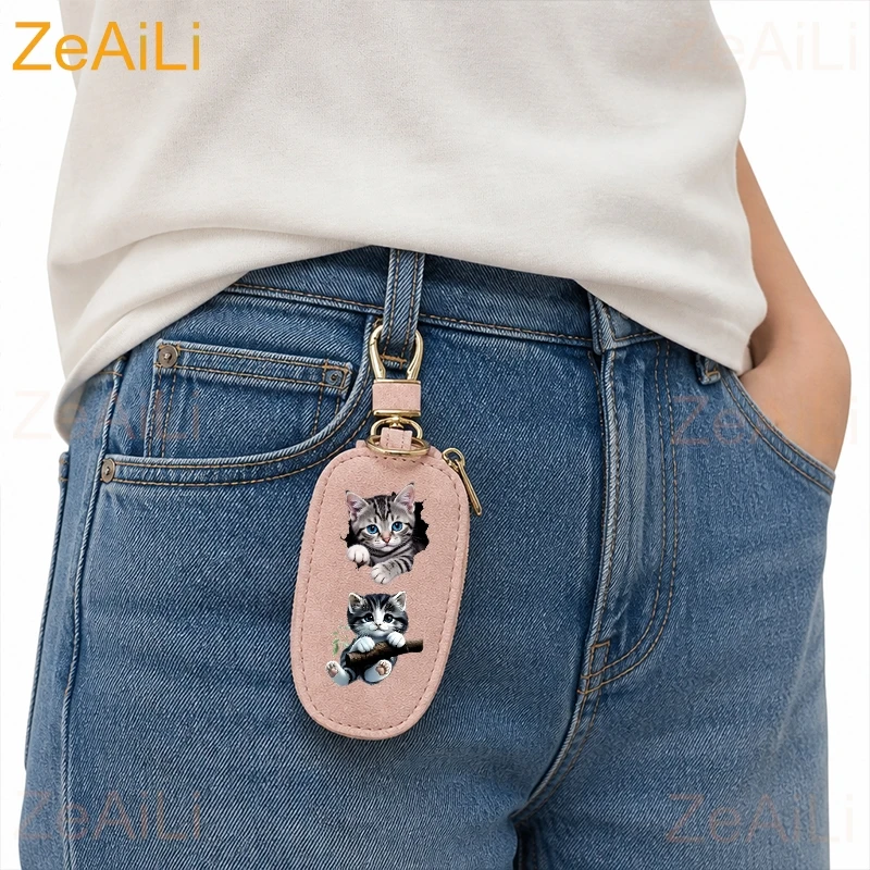 Cute Cartoon Cat PU Leather Key Case, Kitten Unisex Key Bag, Universal Portable Large Capacity Multifunctional Car Key Chain