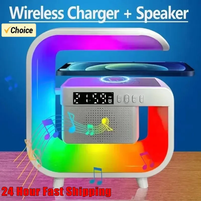 Multifunction Wireless Charger Stand Bluetooth 5.0 Speaker FM TF RGB Night Light Fast Charging Station for iPhone Samsung Xiaomi 