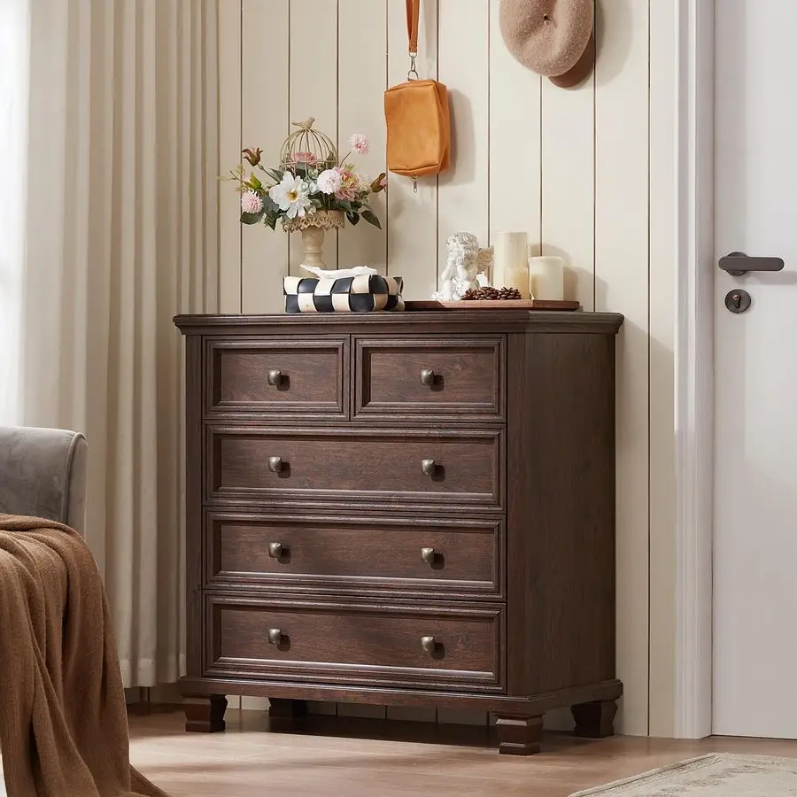 5 Drawer Dresser for Bedroom, 32.6 Inch Tall Vintage Chest of Drawers, MidCentury Small Dressers w Square Solid Wood Legs, Rust