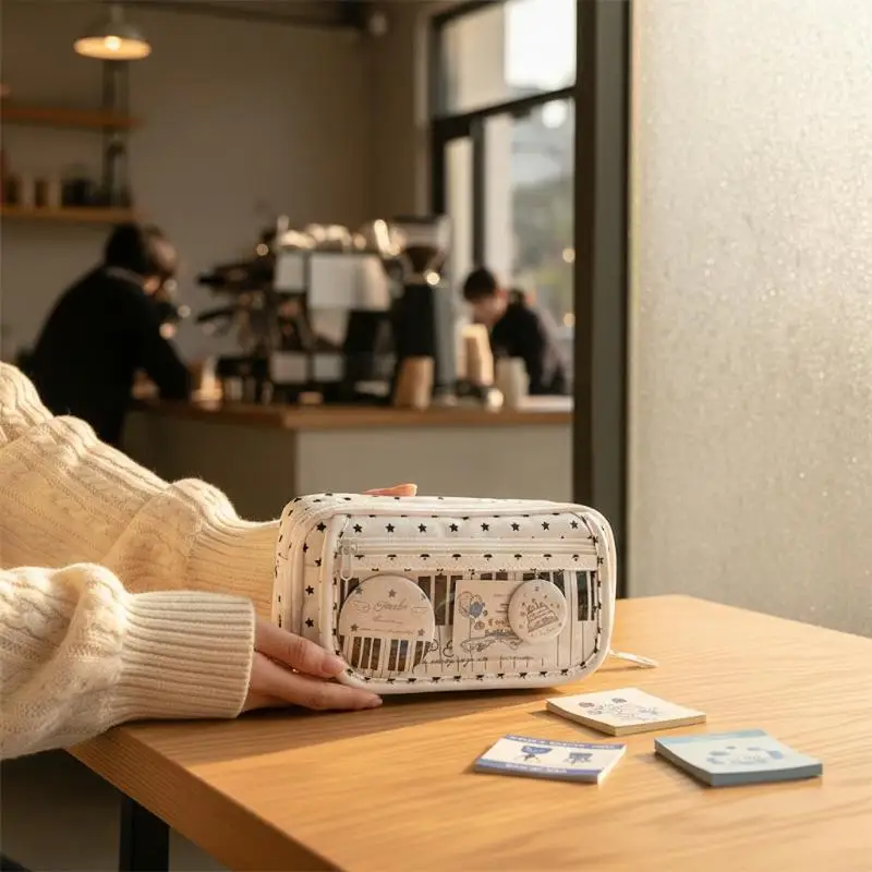 Ita Pencil Case Stars Piano Keys Design Large Capacity Clear Window Durable Stationery Bag for Back to School Supplies