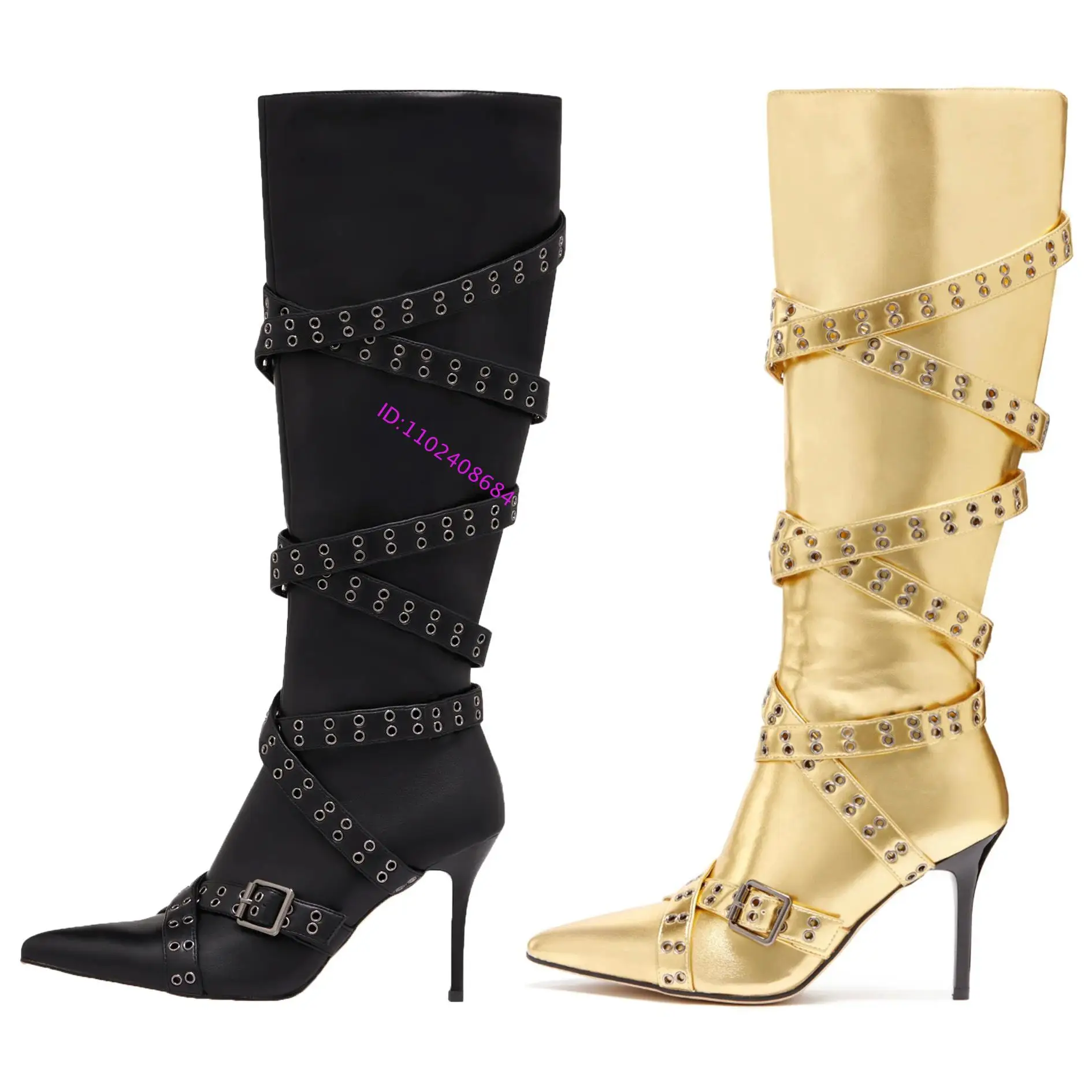 Hot Girl Belt Buckles Straps Pointed Toe Motorcycle Rivets High Heels Boots Women Belts Buckles Knee High Boots Plus Size 43