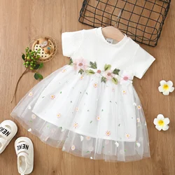 Baby Dress Sweet and Cute Pit Pattern Short Sleeve Splicing Mesh Dress Princess Dress Fragmented Flowers