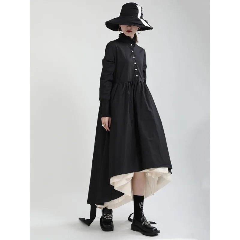 HUISONG Frauen Schwarz Schichten Unregelmäßige Lange Elegante Kleid Neue Stehkragen Langarm Mode Flut Frühling Herbst 2025, yy8mqu