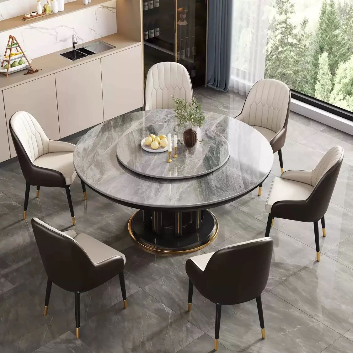Modern Round Dining Table with Rotating Lazy Susan Turntable Large Marble Pattern Kitchen Table for 8-10 Person Family Dining.