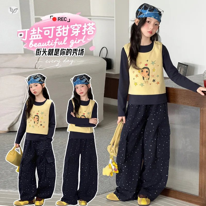 Girls Suit2026New autumn collection for older children: cartoon vests, base shirts, floral cargo pants, casual children's autumn