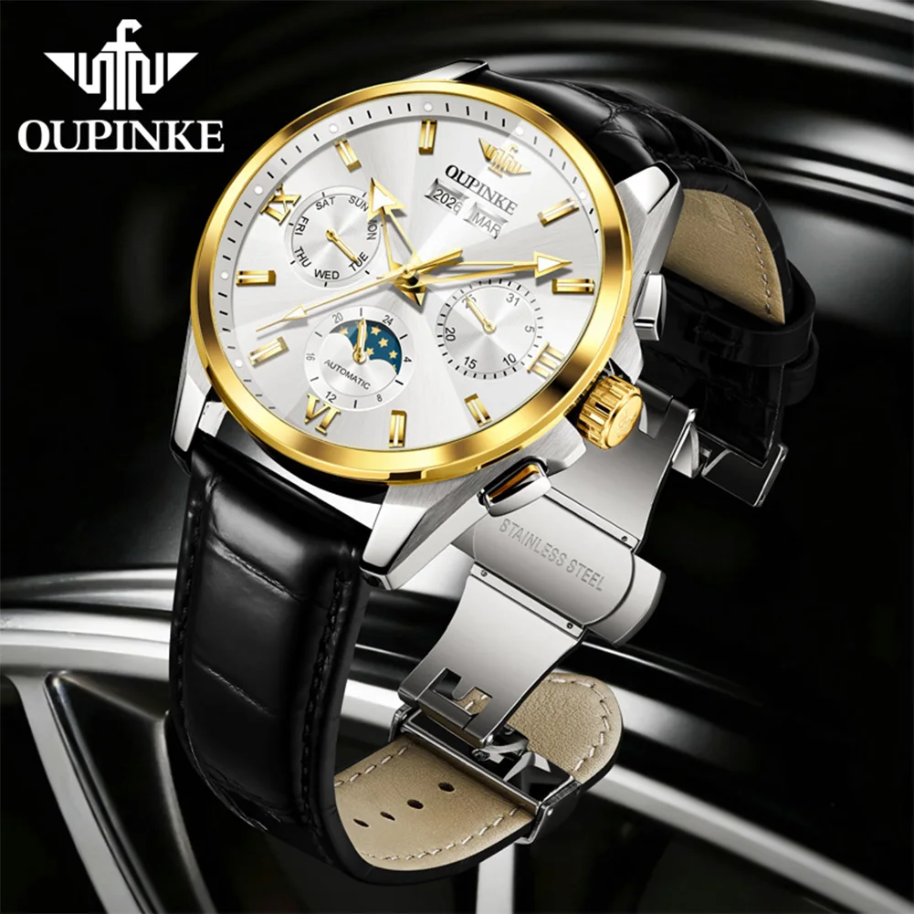 OUPINKE 3325 Automatic Watch Luxury Rhombus Sapphire Mirror Moon Phase Men Watch Casual Leather Original Men Mechanical Watch