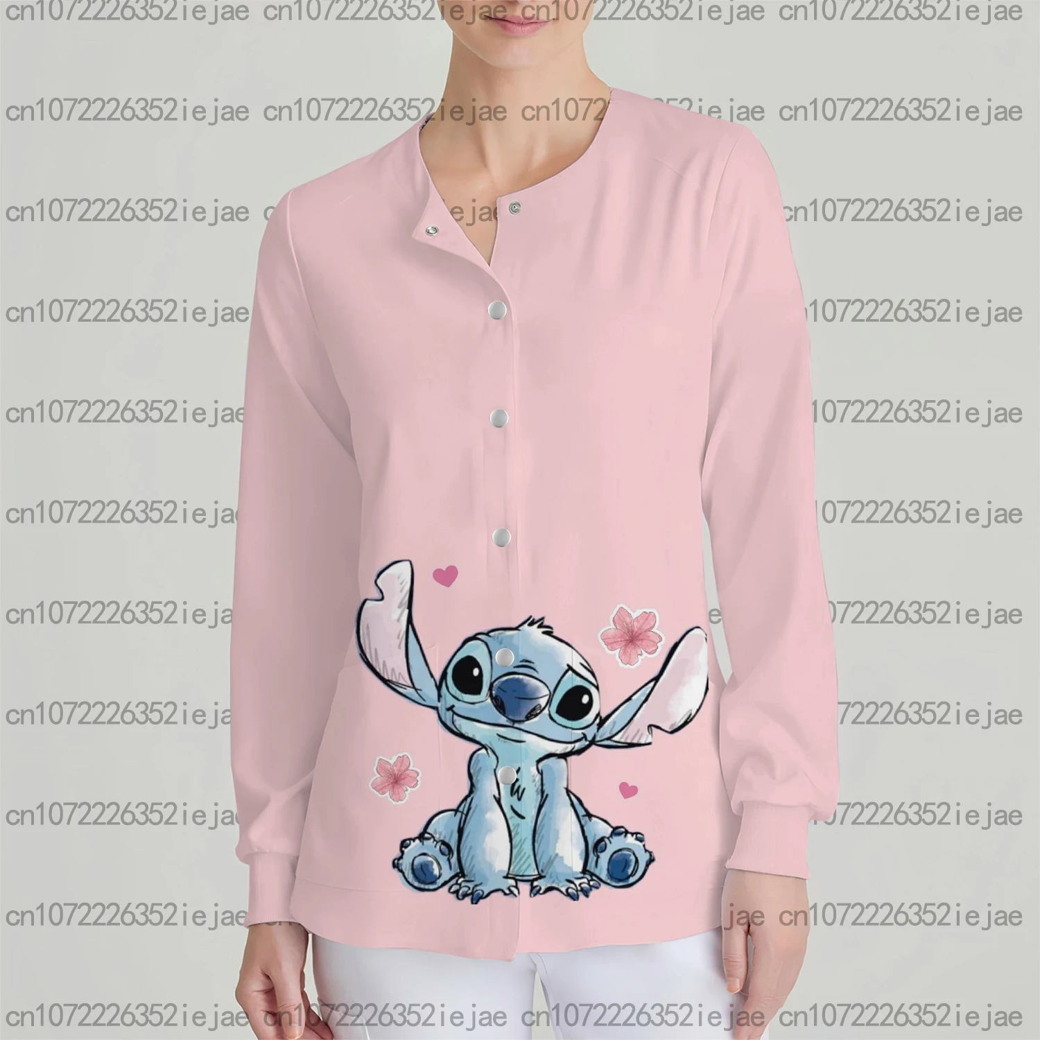 Nuova manica lunga con stampa dolce Top Disney Stitch girocollo Comodo cardigan tascabile da donna Giacca da lavoro versatile per pendolari