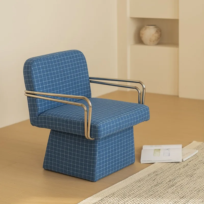 Rotatable sofa chair, living room balcony casual sofa chair, modern simple blue plaid single chair