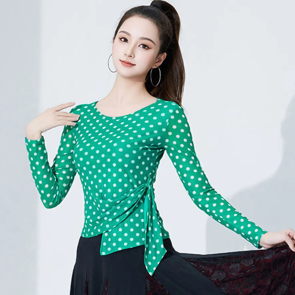 Abiti da pratica Top da ballo latino Top da ballo a pois con stampa Samba a maniche corte slim fit nero girocollo