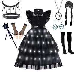 Wednesday Addams Led Light Up Costume Girl Black Dress Gothic Children Carnival Halloween Disguise Fantasia Vestido 2-12Years