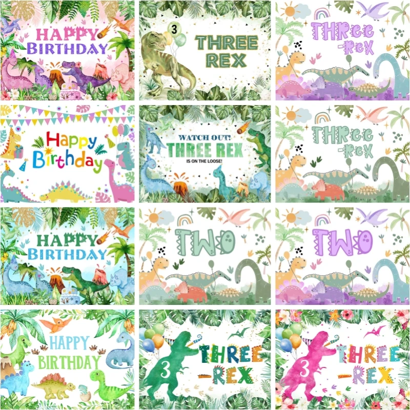 

Happy Birthday Party Backdrops Dinosaur Three-Rex Background For Newborn 1st Birthday Portrait Photo Shoot Cake Smash Decor