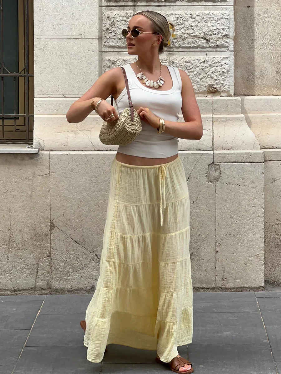 Bornladies 2026 Summer New Women's Yellow Low-Waist Tiered Midi Skirt Lightweight Relaxed Casual Paneled Long Skirt