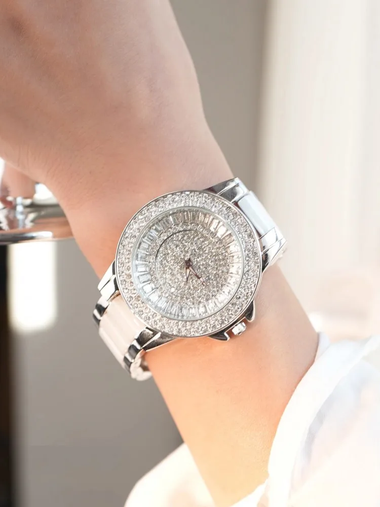 Fashion Women Shiny Diamonds Quartz Watch Ceramic Strap Office Ladies Work Wristwatch Shiny Party Jewelry Accorries