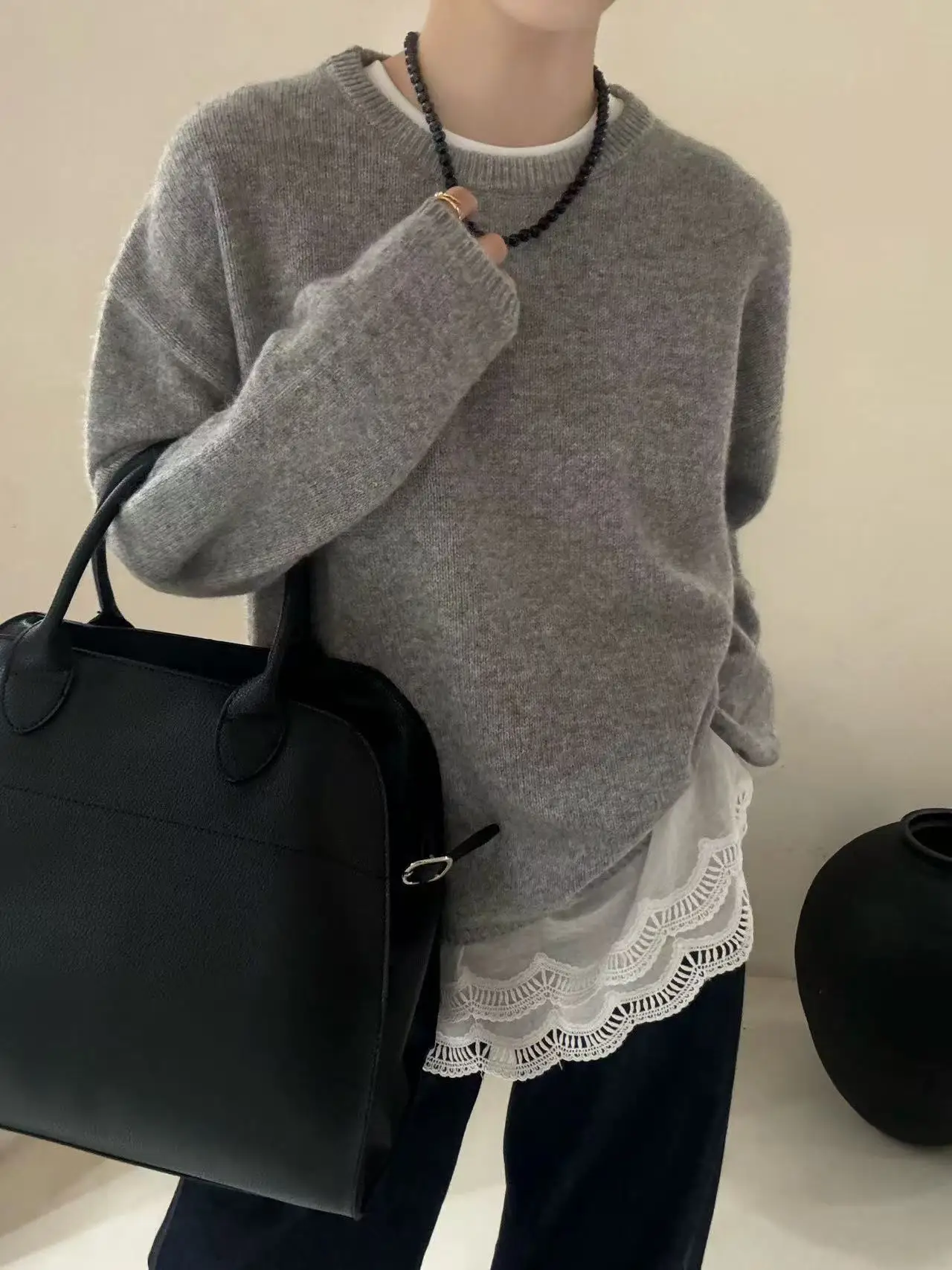 

Женский шерстяной пуловер с круглым вырезом, свободный и универсальный шерстяной вязаный базовый свитер.