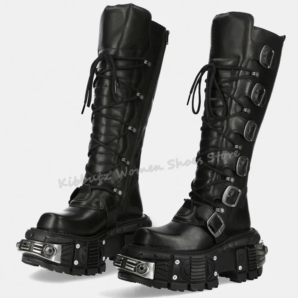 Rock Punk Motorcycle Boots Knee High Dark Style Round Toe Thick Bottom Genuine Leather Solid Color Fashion Sexy Women Shoes New