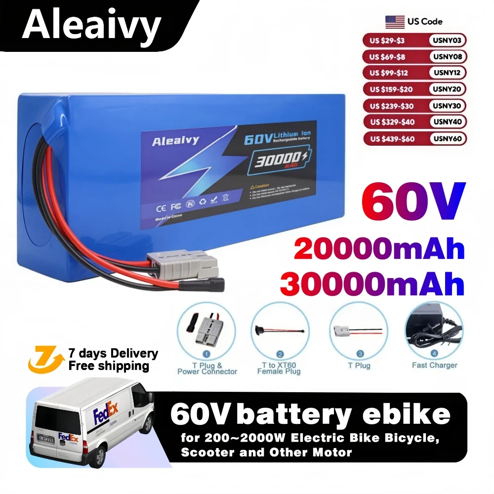 

Доставка из США, 60 В, 20 Ач, 30 Ач, литий-ионный аккумулятор для электрического велосипеда, скутера высокой мощности 500 Вт ~ 3000 Вт, мотоцикла с зарядкой 5 А