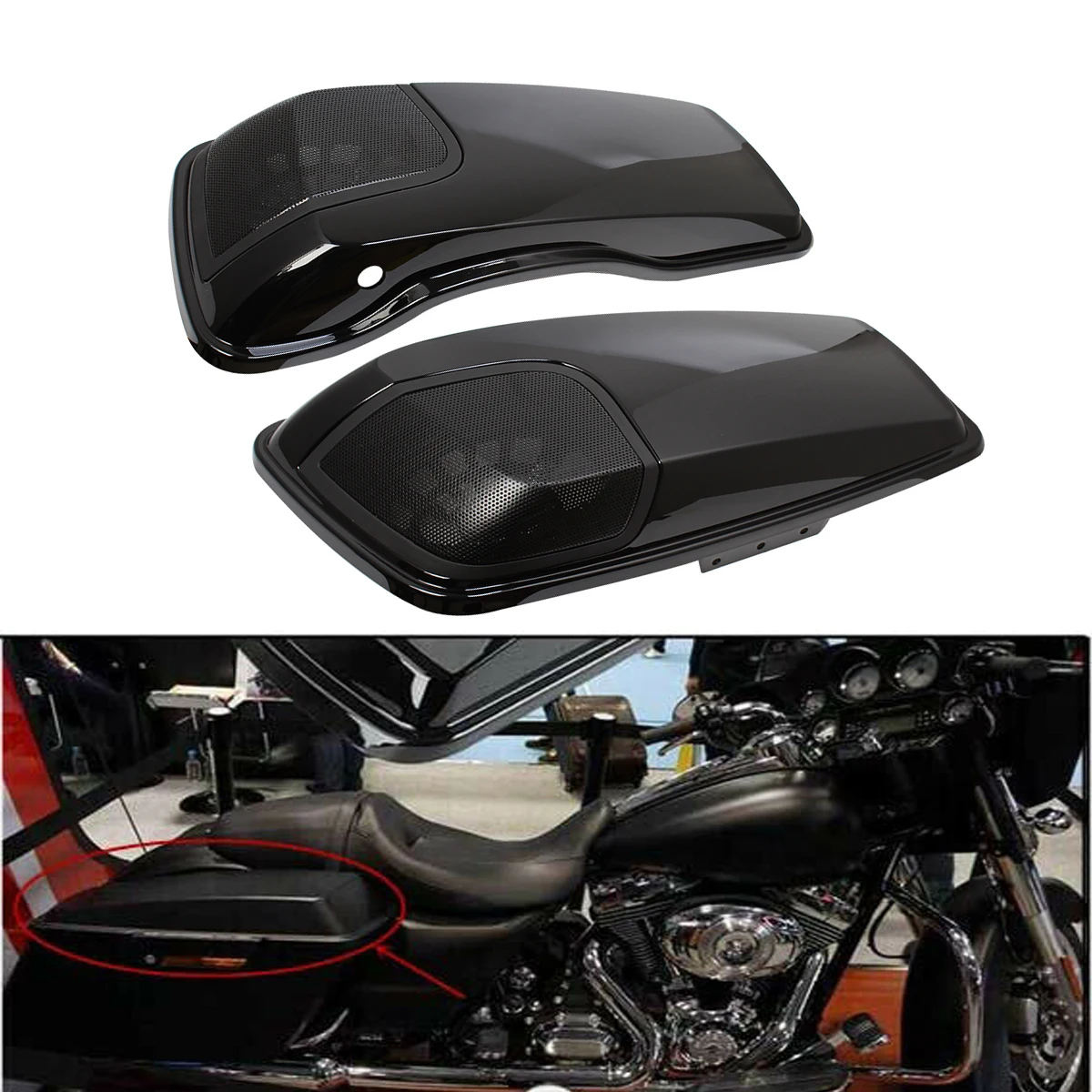 

Motorcycle Gloss Black Saddlebag Speaker Lid Cover For Harley CVO Touring Road King Electra Street Glide FLHXSE 2014-2019