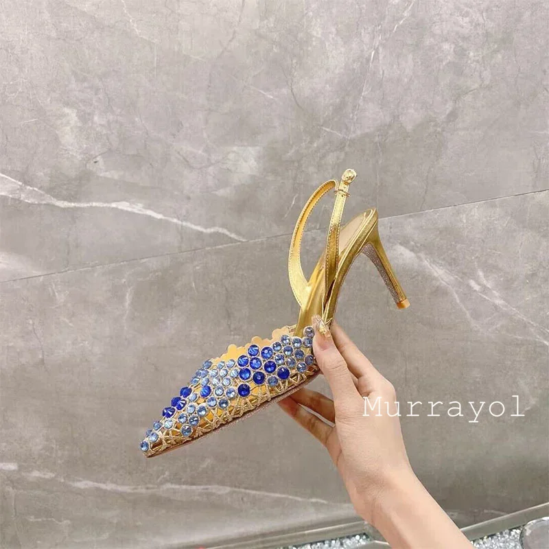 Nuevas Sandalias de tacón alto fino con decoración de diamantes de imitación, Sandalias de mujer de cuero genuino con punta cerrada, zapatos de vestir de fiesta de verano