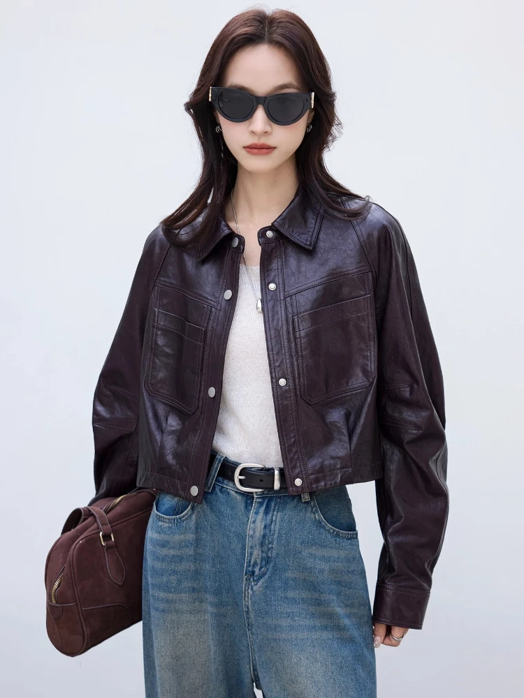 سترات كاجوال قصيرة من الجلد الطبيعي للدراجات النارية للنساء لربيع الخريف معطف من جلد الغنم الحقيقي البسيط والصلب والزيت