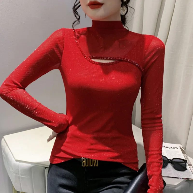 #8313 Black Red Purple Mesh T Shirt Women Tight Thin Elastic Turtleneck T Shirt Female Perspective Long Sleeve Irregular Tee