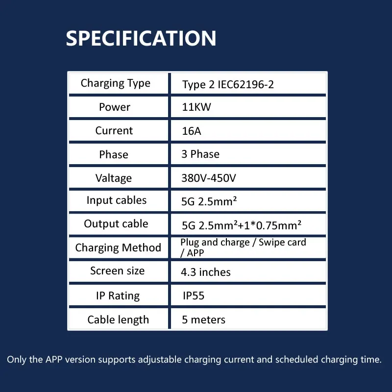 JIGU 3 phase 16A Electric Vehicle Charger Charging Station Type 2 Car Charger WIFI Bluetooth EV Charger 11KW Type 2 Wallbox 380V