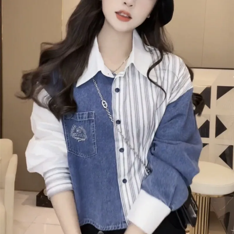 Spring Autumn New Fashion Polo Neck Long Sleeved Blouse Casual Versatile Splicing Western Elegant Loose Clothing Women's Shirts