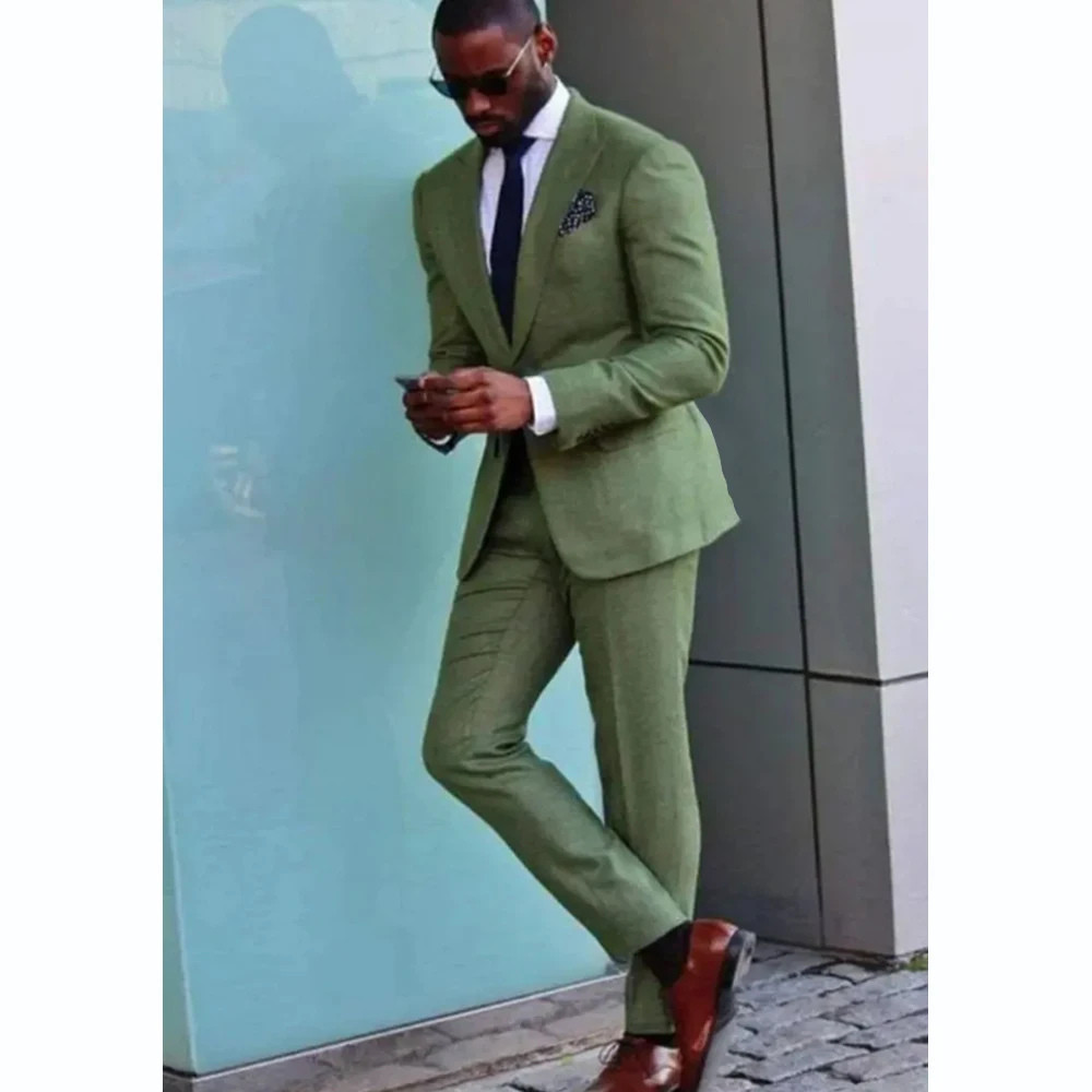 

Classical Green Men's Suits Single Breasted Peak Lapel 2 Piece Jacket Pant Blazer Set Handsome Fashion Chic Formal Office Outfit