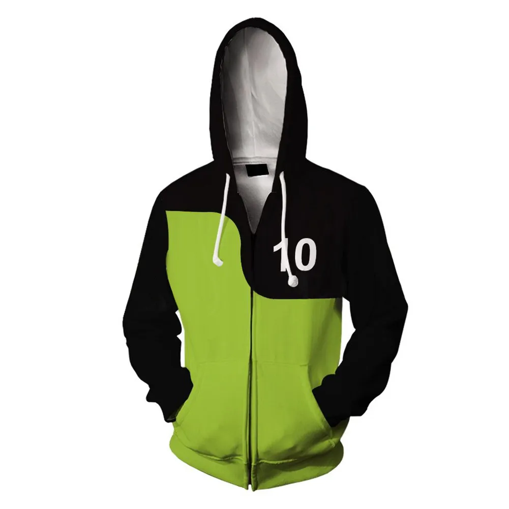 Ben Tennyson Cosplay Fantasia Zip Up Hooded Sweatshirt Cartoon Ben10 Disguise Adult Men Fantasy Halloween Carnival Party Clothes