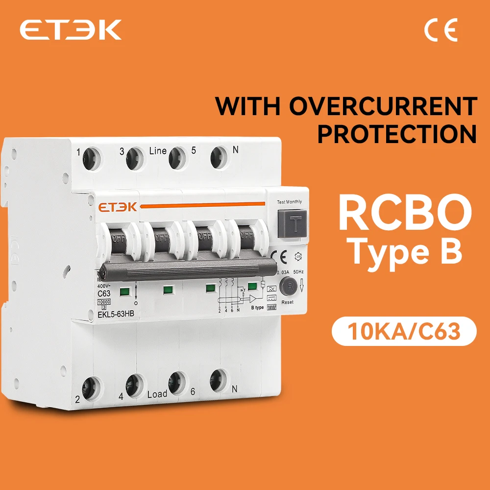 ETEC Tipo B RCBO Disyuntor automático residual 10KA 2p 4P 32a 40a 63a Protección contra fugas de sobrecorriente 30mA EKL5