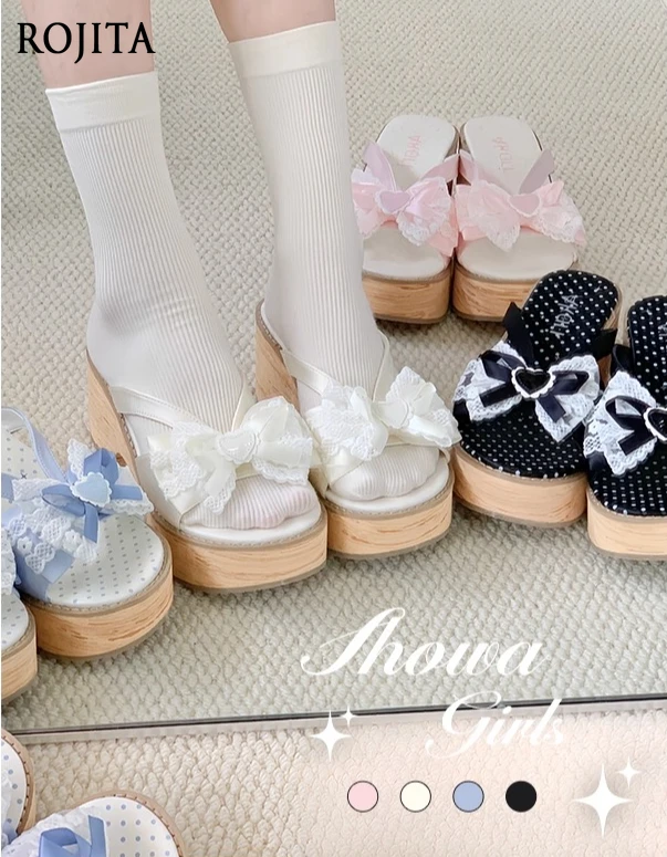 

Butterfly Knot Wood Grain Thick Sole Japanese Style Chunky Heel Clogs Cosplay Slippers Summer Fashion Slippers Women