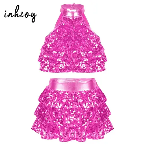 Trajes de baile de Ballet con lentejuelas brillantes para niñas, traje de actuación de baile de Jazz latino moderno, Ropa de baile de salón, faldas superiores cortas