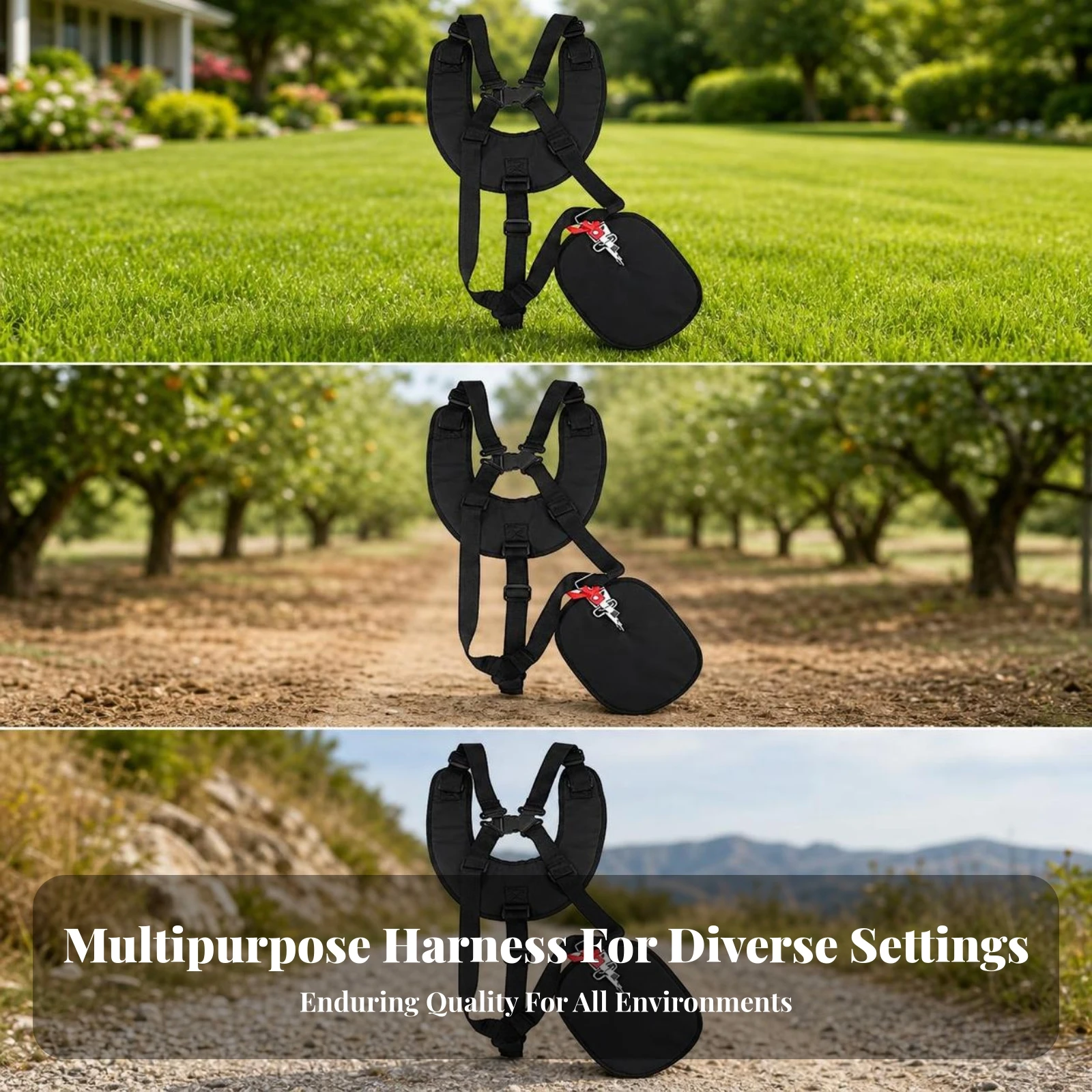 String Trimmer Harness Ergonomic Double Shoulder Harness with Padded Back Panel Trimmer Strap with Metal Hook Heavy-Duty