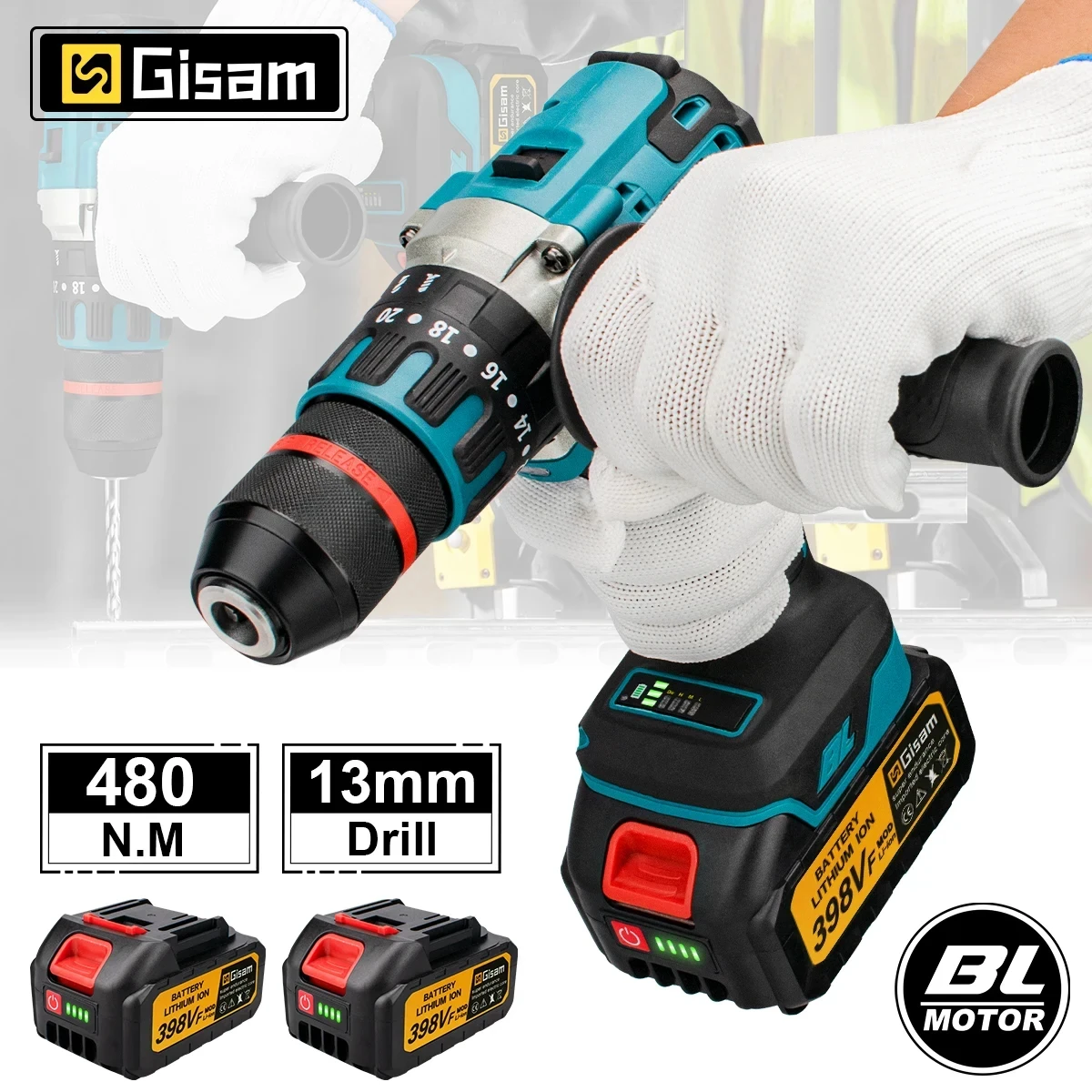 Giasm 13mm 480N.M bezszczotkowa elektryczna wiertarka udarowa akumulatorowa wiertarka akumulatorowa wkrętarka elektryczna elektronarzędzie do akumulatora Makita 18V
