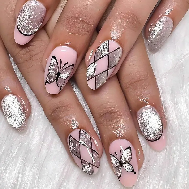 

24Pcs Square Butterflies Short Coverage Press On Nails Silver Stripe Fake Nails Reusable False Nail Shinne Star Wear Nails