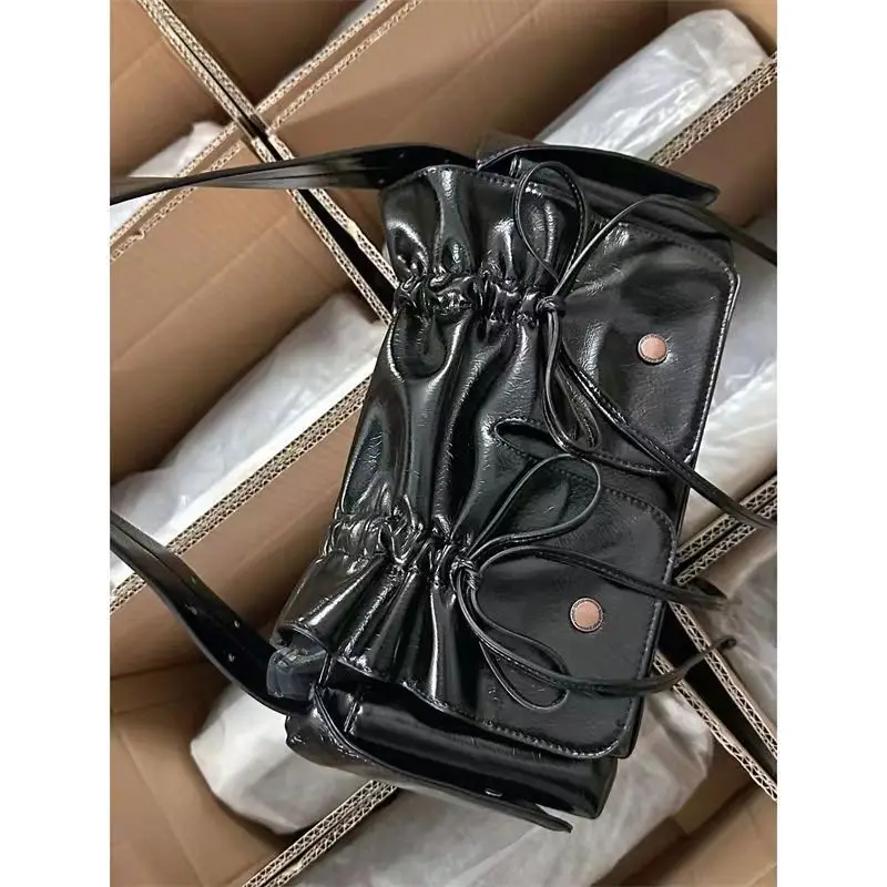 

Korean version casual drawstring bow multi pocket single shoulder diagonal cross bag PU leather women's hand-held handbag