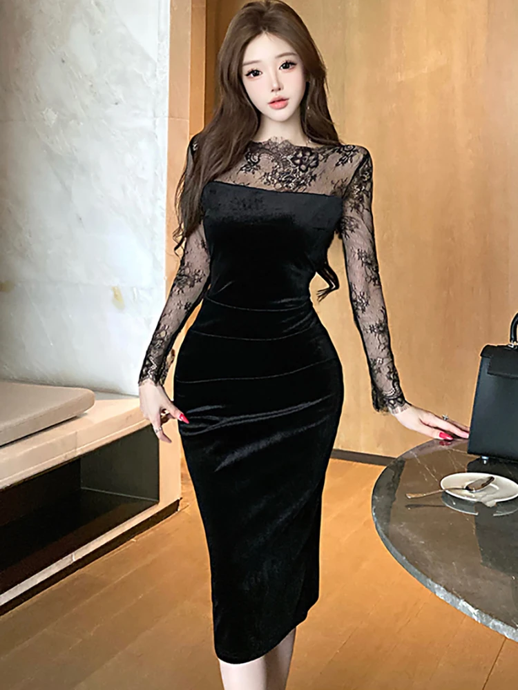 

Осень-зима, черное бархатное лоскутное кружевное сексуальное длинное платье, женское облегающее роскошное ночное платье с талией, 209, корейское винтажное платье, Vestidos