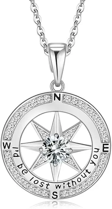 

S925 Compass Necklace for Women Graduation Birthday Anniversary Wedding Gifts I'd be Lost without You(18K Gold/Rhodium)