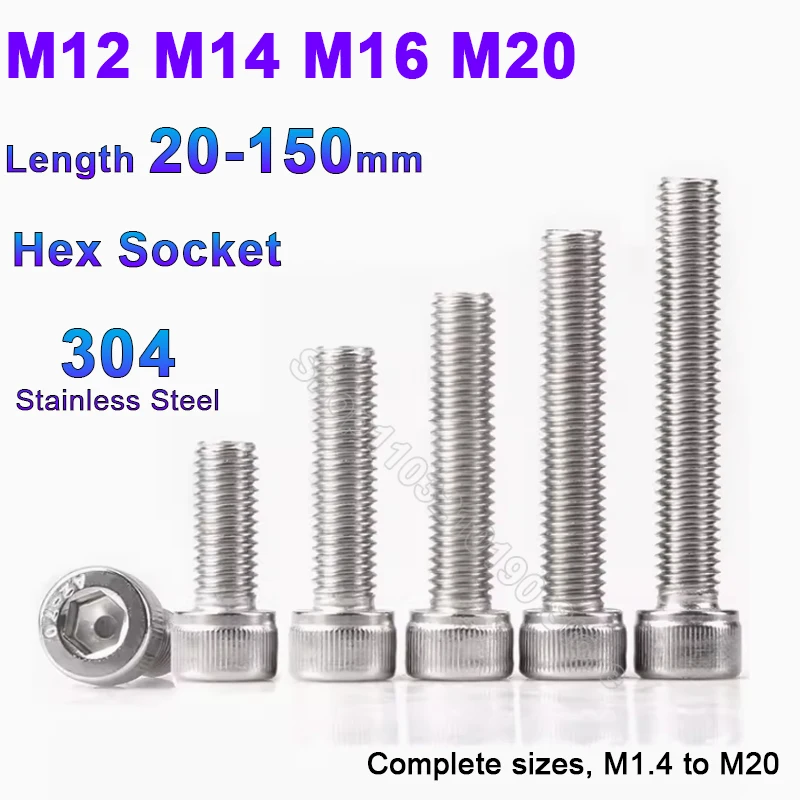 

1Pc DIN912 M12 M14 M16 M20 A2 304 Stainless Steel Allen Hexagon Hex Socket Cap Head Screw Bolt Length 20 25 30 35 40 45 50-150mm