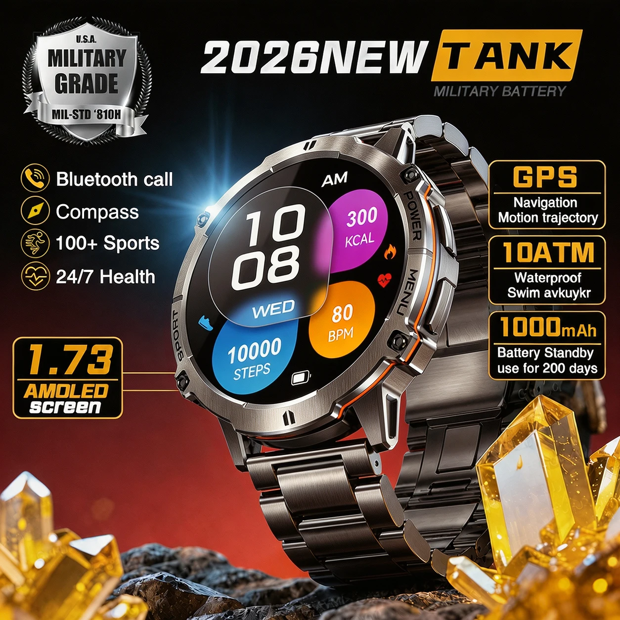 2026 New Tank 1000mAh Military GPS Smart Watch Men 1.73"AMOLED Screen 10ATM Waterproof Clock HD Call Compass Smart Bracelets iOS