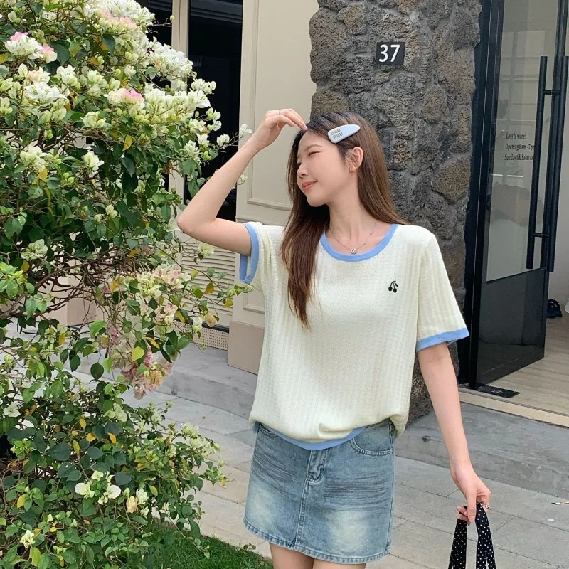 Women's Cherry Embroidered Knit T Shirt Summer Contrast Trim Loose Casual Short Sleeve Top