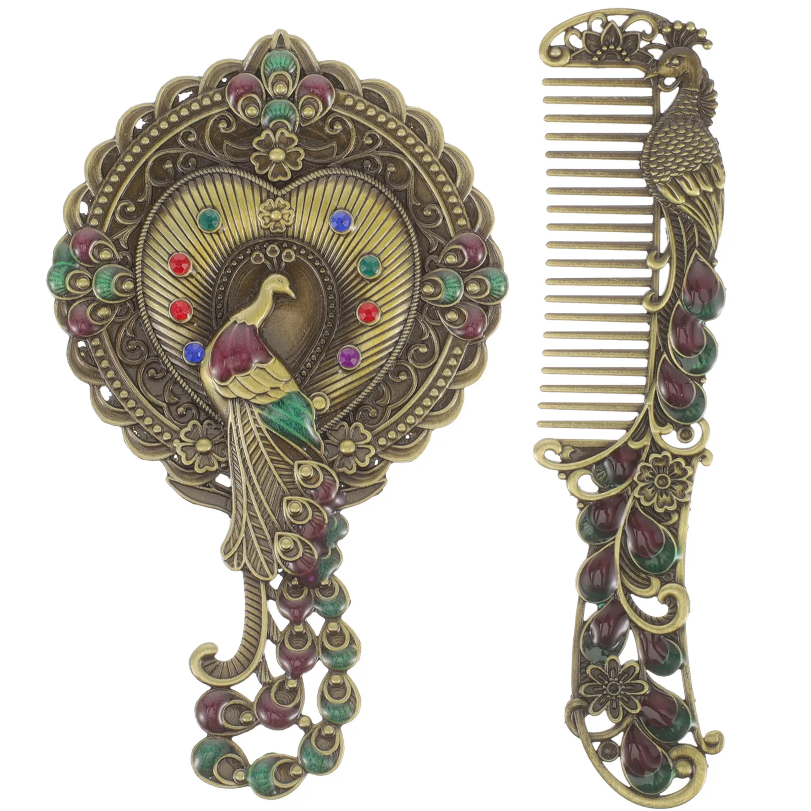 

1Set Metal Handheld Vintage Makeup Mirror Comb Set Small Lightweight Portable Travel Mirror Hand Mirrors with Handle