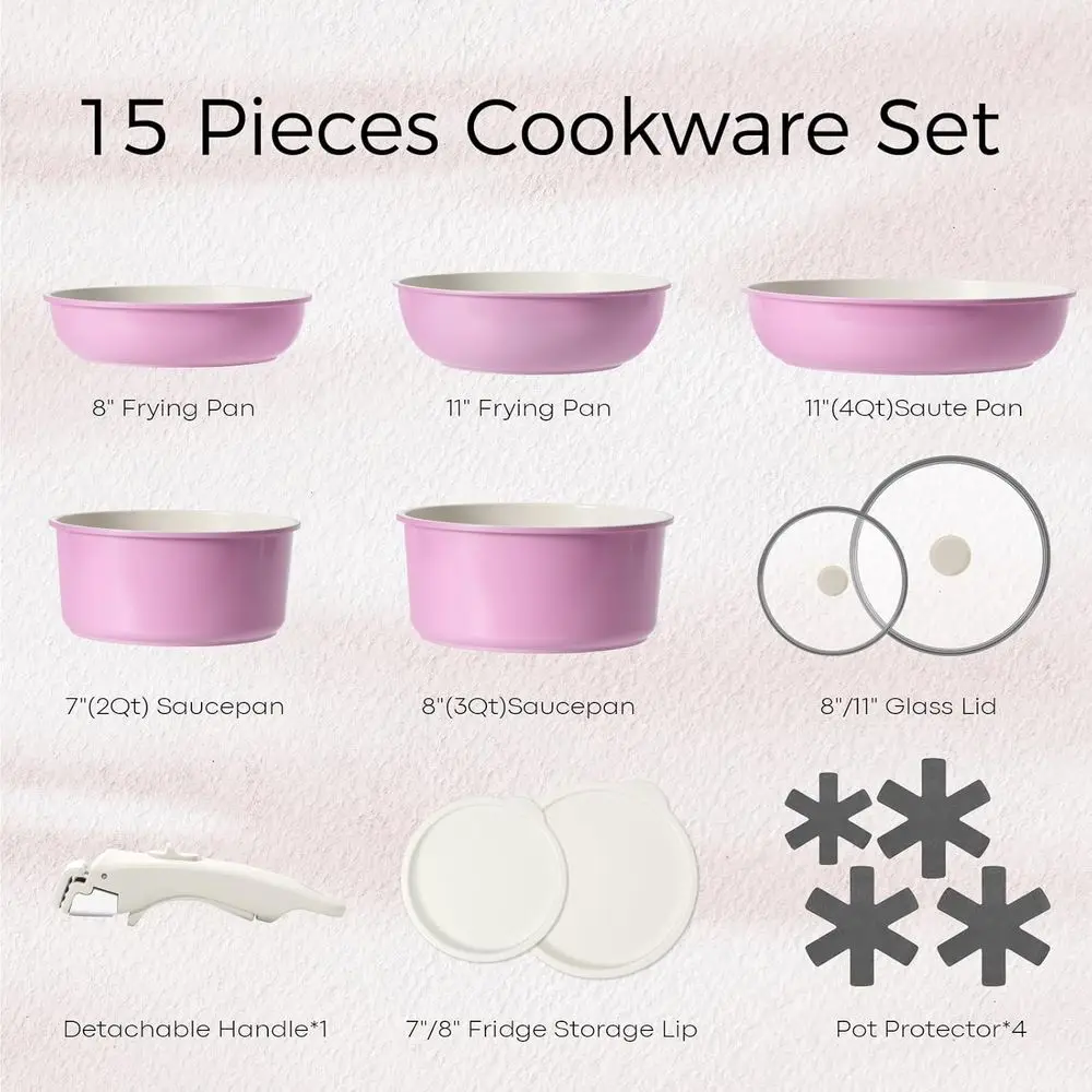 Pink Nonstick 15-Piece Detachable Handle Cookware Set, Oven Safe & Induction Compatible Kitchen Tools