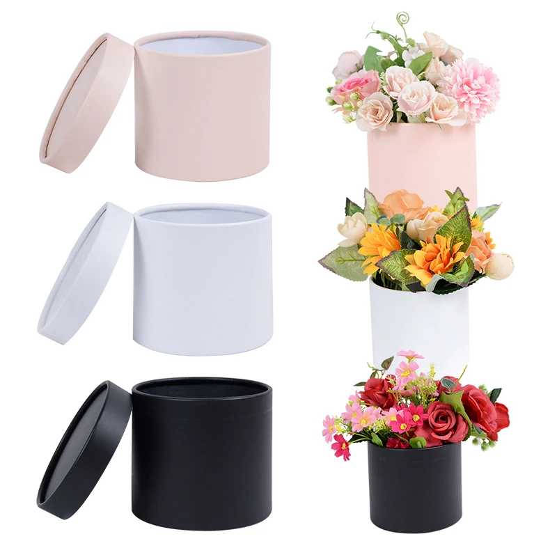 1Pc Black White Pink Round Flower Packaging Cardboard Box Florist Wrapping Hug Bucket Valentine's Day Birthday Wedding Gift Case