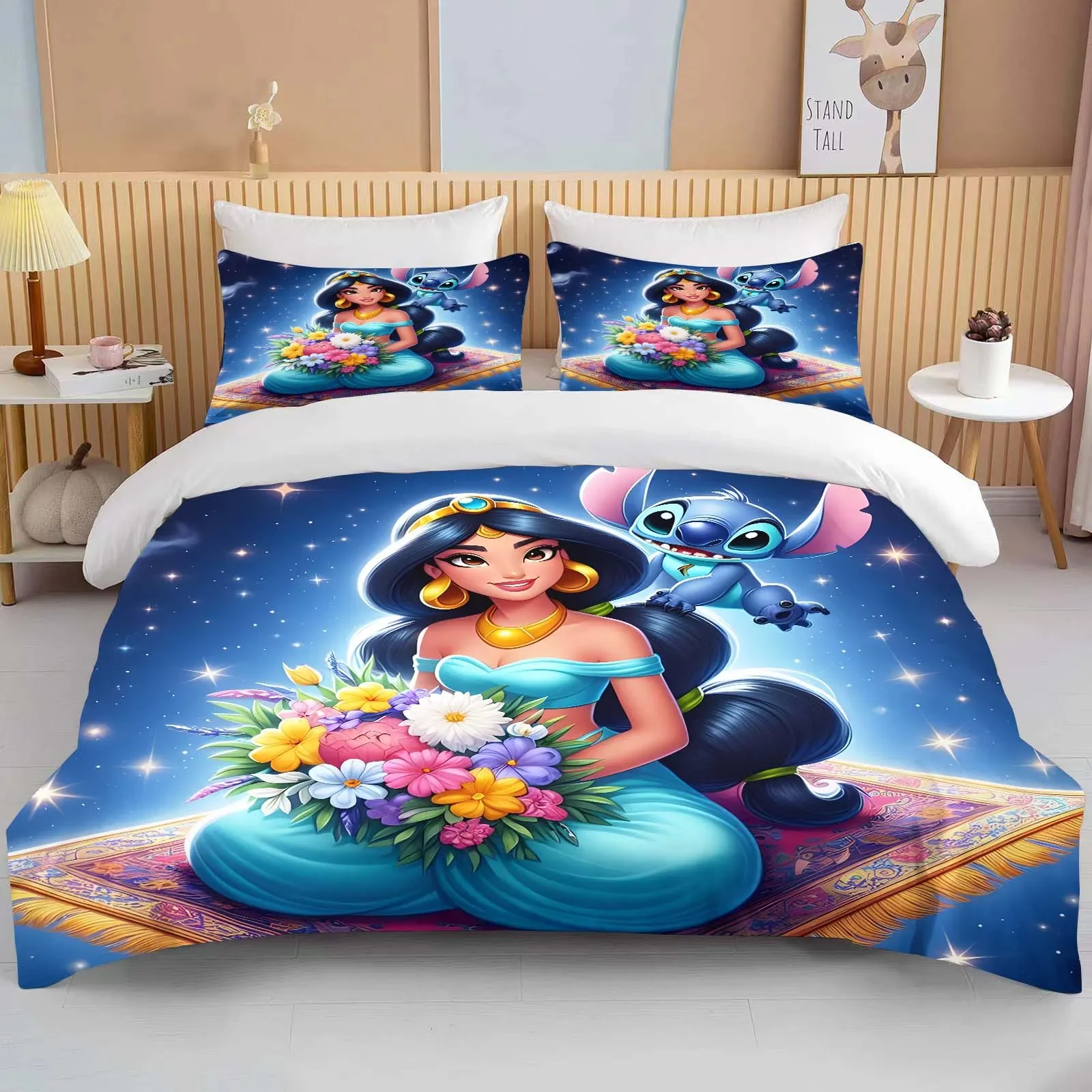 Imagem -06 - Disney Princess e Stitch Impresso Bedding Conjunto para Adultos e Crianças Capa de Edredão Anime Quilt Full Size Comforter Birthday Gift