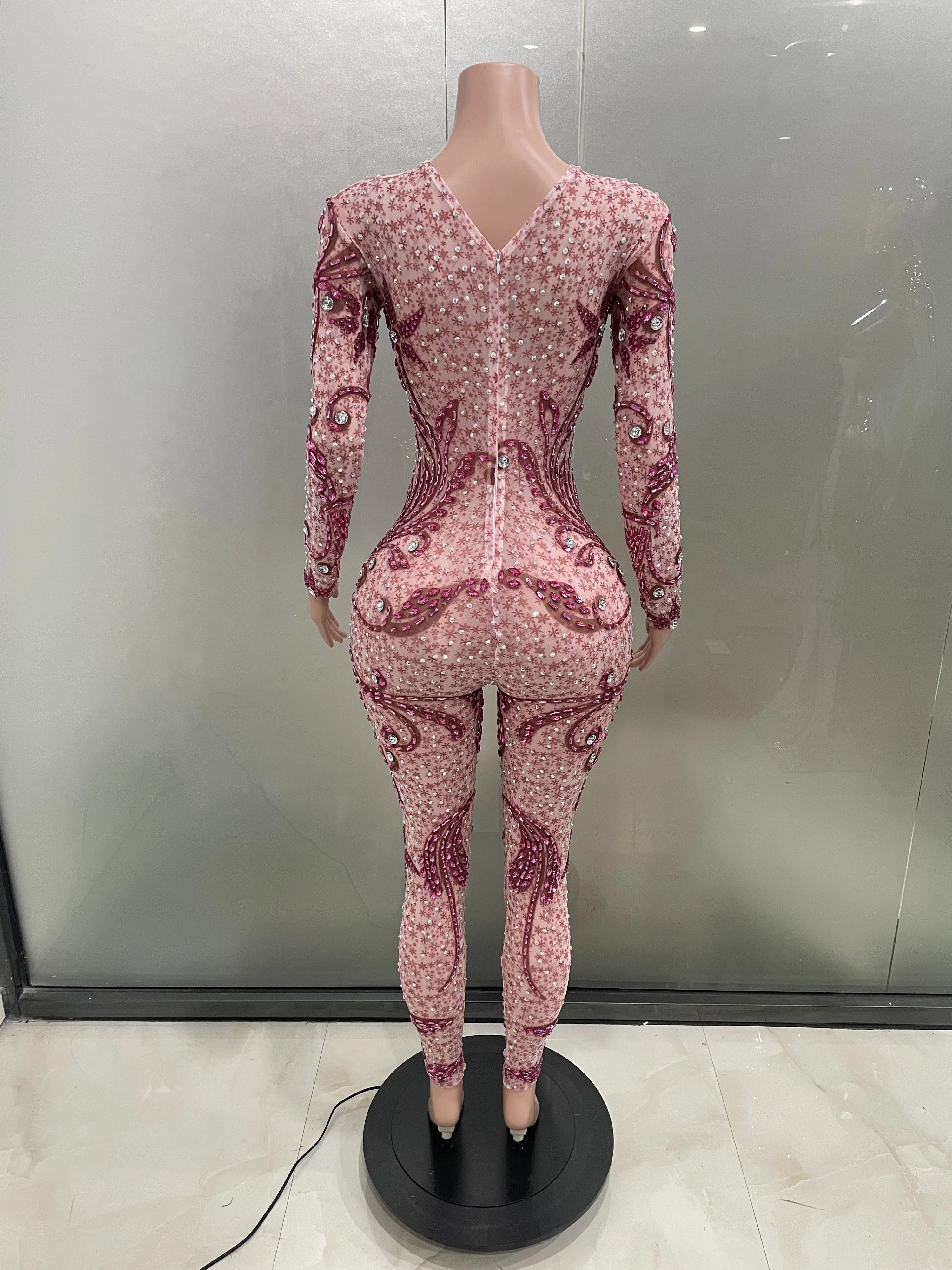 Women Luxury sparkle Rhinestones Sexy Long Sleeves Stretch Jumpsuit Nightclub Birthday Party club singer Stage Costume