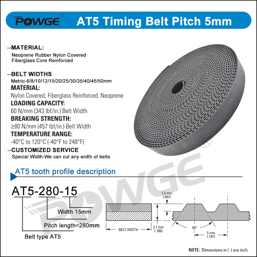 POWGE Metric Trapezoidal AT5 Open Timing belt width 10/15/16/20/25/30/40/50mm Rubber figerglass Polyurethane steel PU AT5 pulley